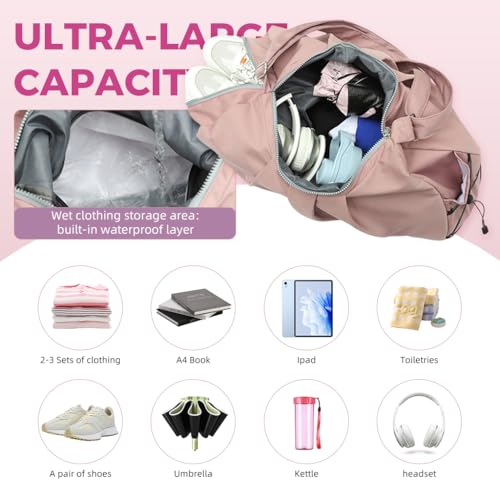 PALAY® Women Gym Bag Fashion Nylon with Shoe Compartment Duffle Travel Shoulder Multifunctional Waterproof Day Pack Adjustable Strap Pink 3 PCS PALAY® Women Gym Bag Fashion Nylon with Shoe Compartment Duffle Travel Shoulder Multifunctional Waterproof Day Pack Adjustable Strap Pink 3 PCS